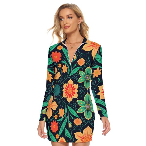 All-Over Print Women's Zip Front Tight Dress